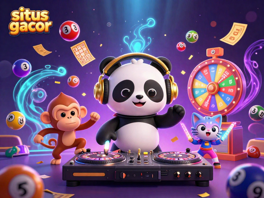 Spin the reels on situs gacor with a lively 3D scene showcasing a DJ panda and vibrant casino elements.