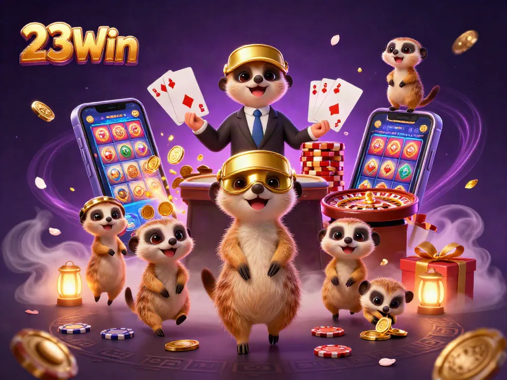 Experience the excitement of 23Win with this vibrant illustration of meerkats in a lively casino.