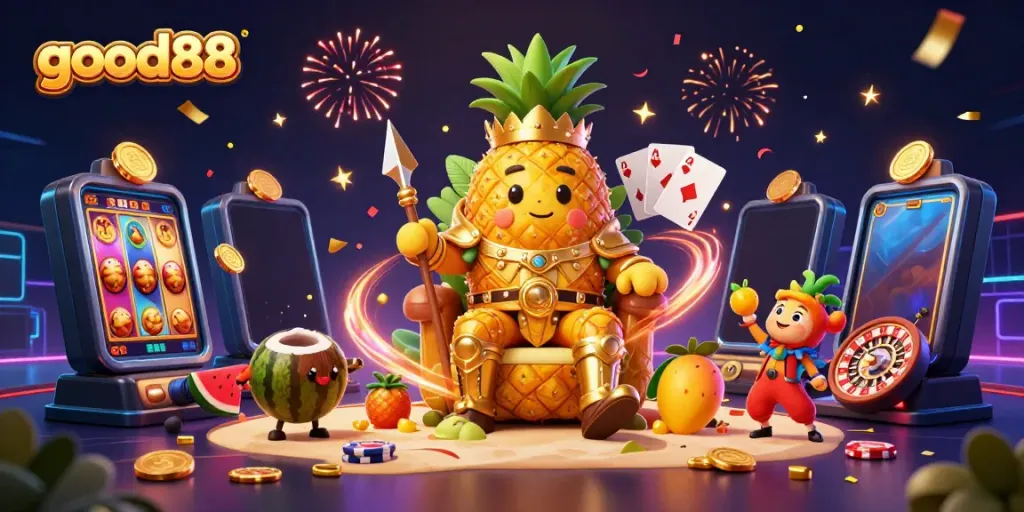Experience the excitement of good88 in an engaging casino scene featuring a golden pineapple king and magical elements.