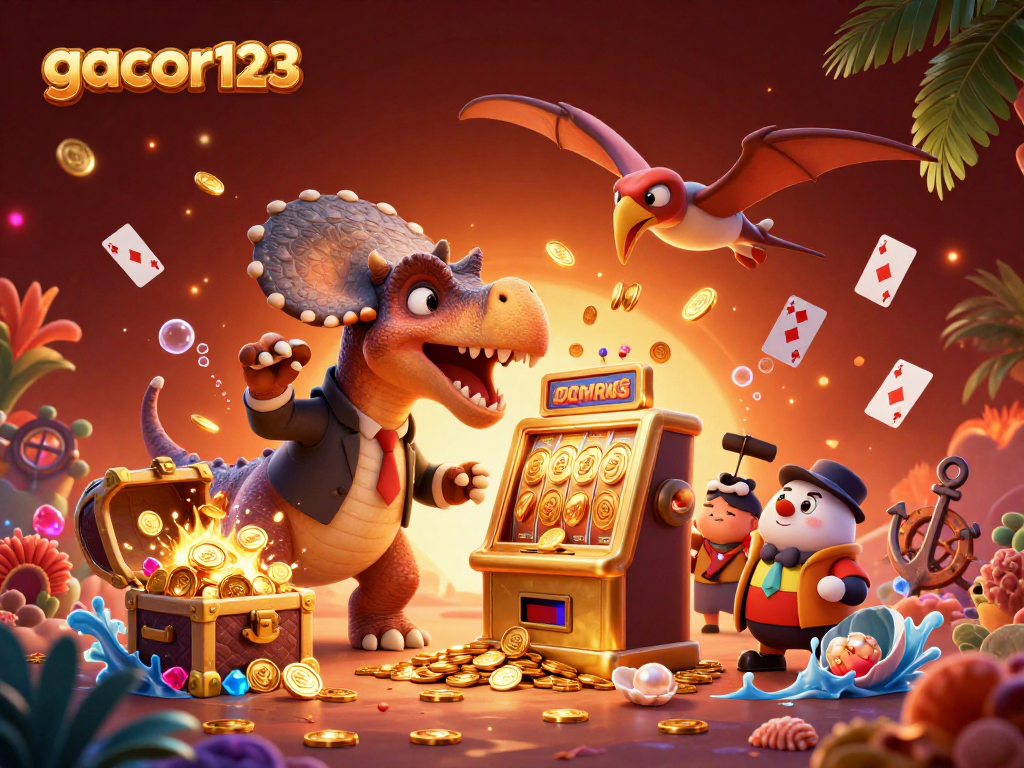 See gacor123 experts boost jackpots with a pachycephalosaurus headbutting a slot machine