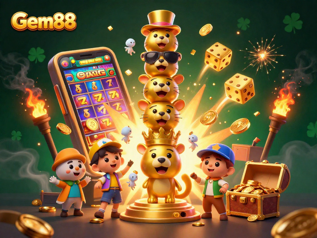 Experience the thrill of Gem88 with a vibrant 3D animation of slot machines and golden treasures.