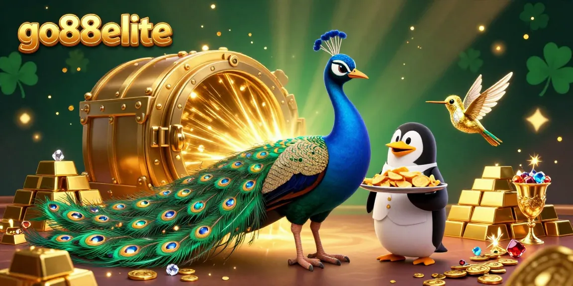 Experience vibrant casino excitement with go88elite's 3D illustration of a peacock, a butler penguin, and a hummingbird.