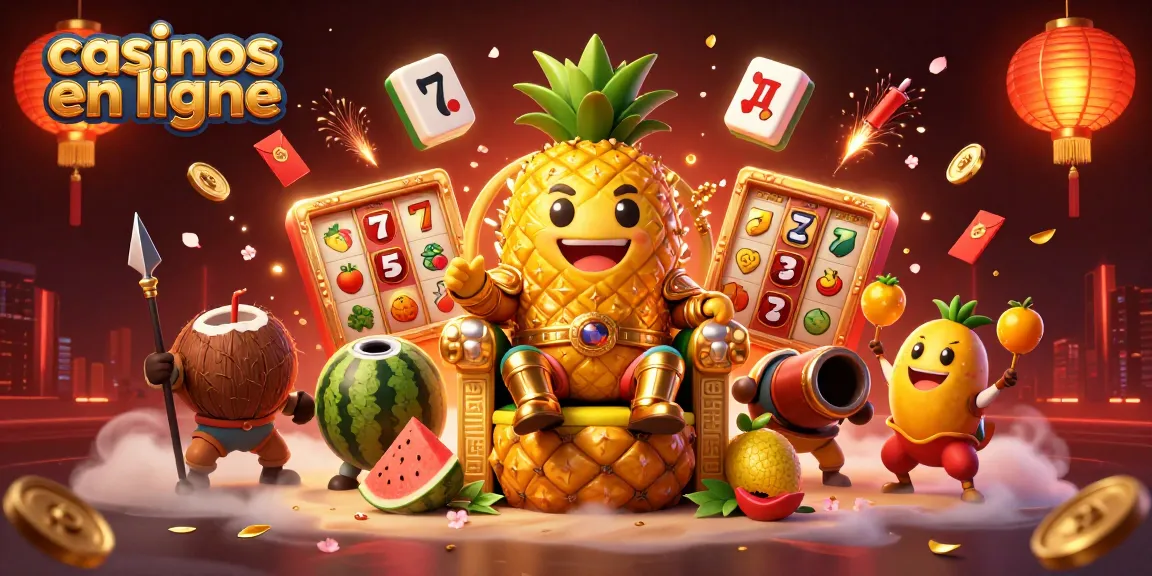 Jouer aux casinos en ligne avec le roi ananas et ses gardes sur une scène colorée et festive.