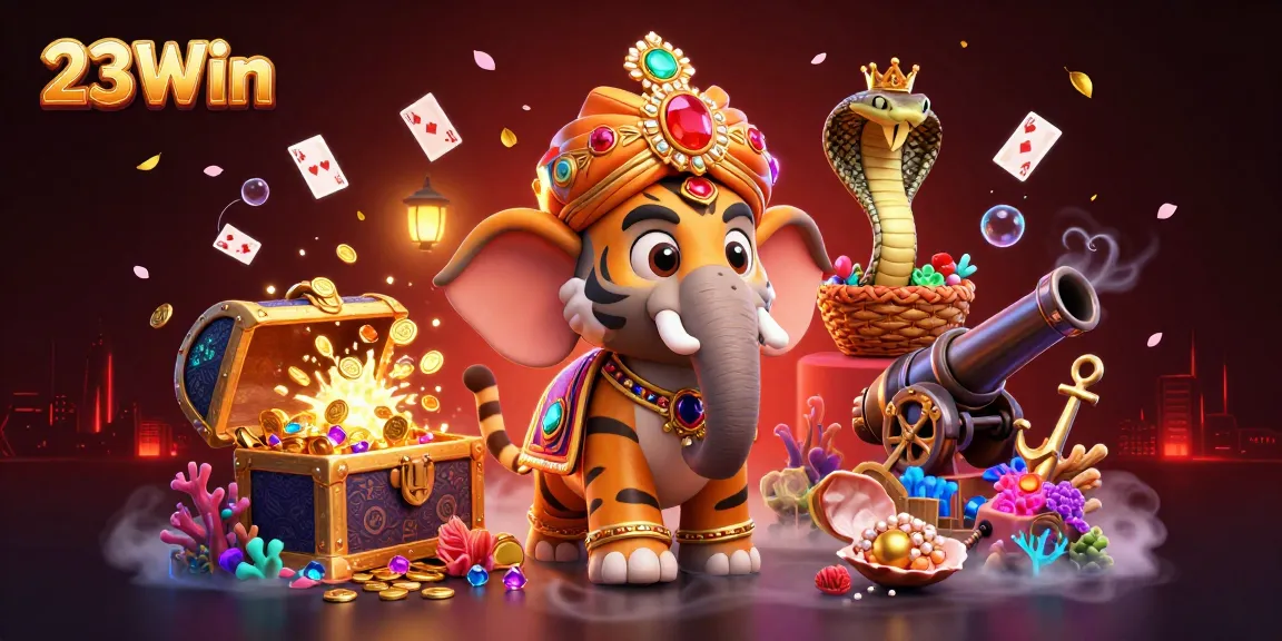 Experience the vibrant world of 23Win with a majestic maharaja, elephant, and glowing treasures.