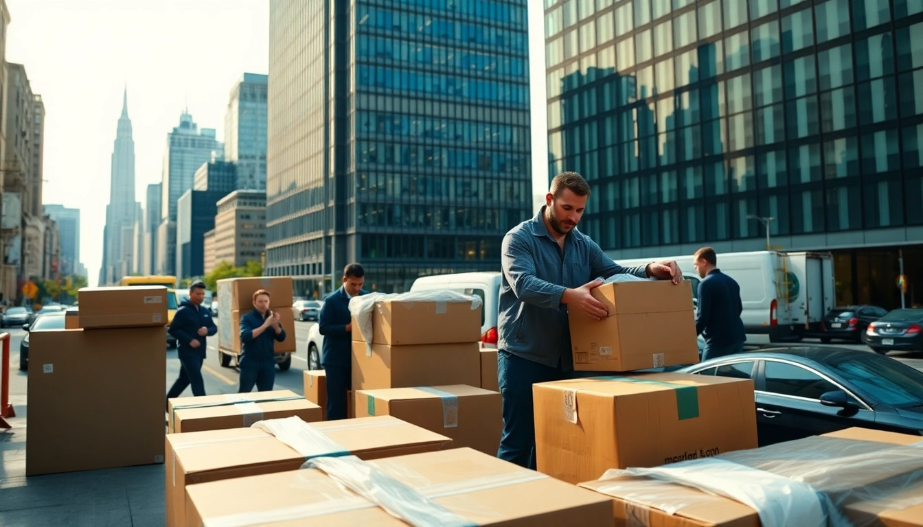 Efficient movers demonstrating Office Moving Services NYC in an urban environment.