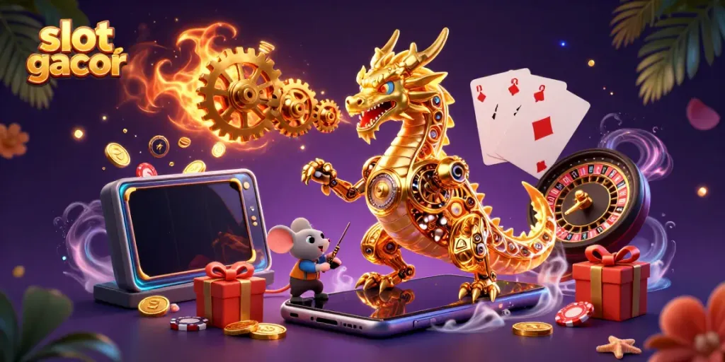 Engage with slot gacor as a golden dragon dominates a vibrant casino scene with spinning reels and vibrant coins.
