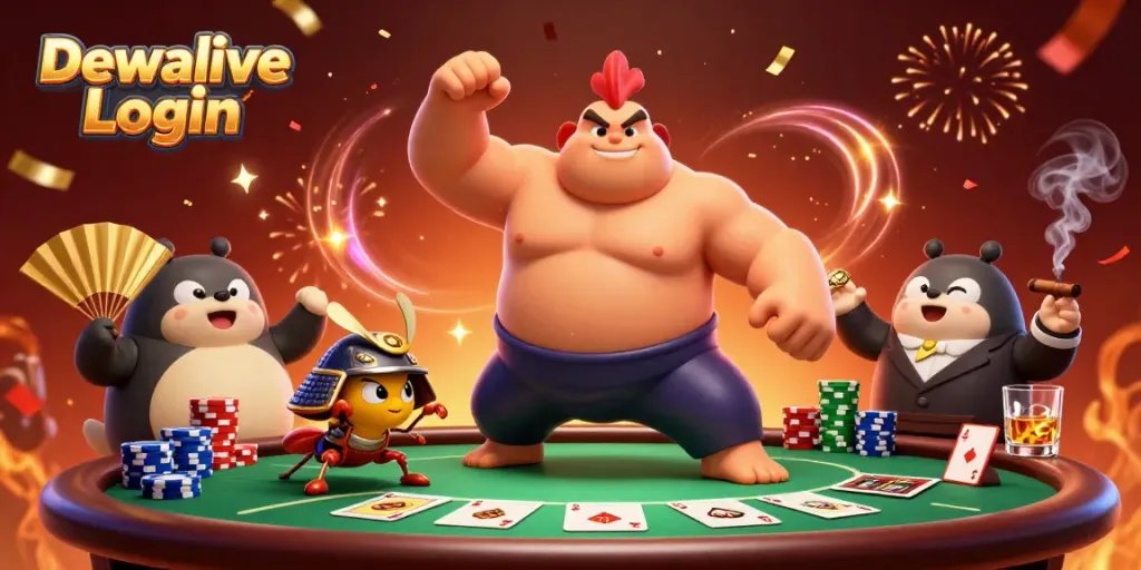 Engage with Dewalive Login at a lively poker table featuring colorful chips and energetic characters.