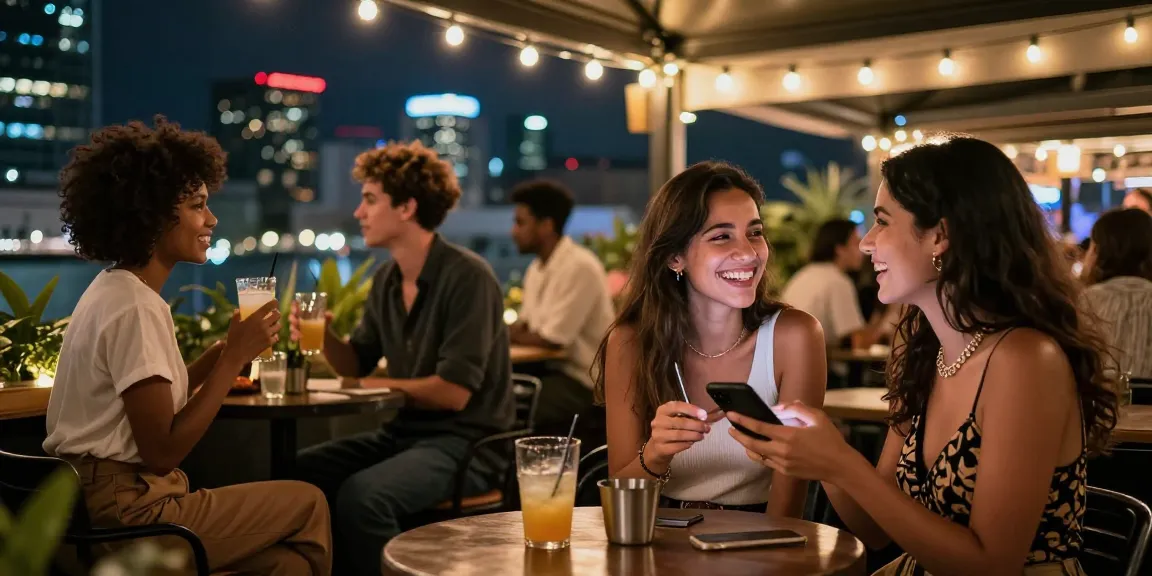 Gái gọi đang tận hưởng buổi tối sôi động tại quán bar ngoài trời, nơi bạn bè cùng nhau cười đùa.