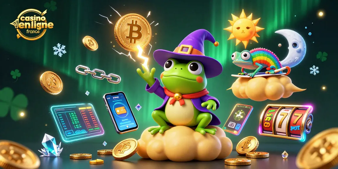 Illustration dynamique du meilleur casino en ligne France avec un mage grenouille créant une tempête de pièces d'or.