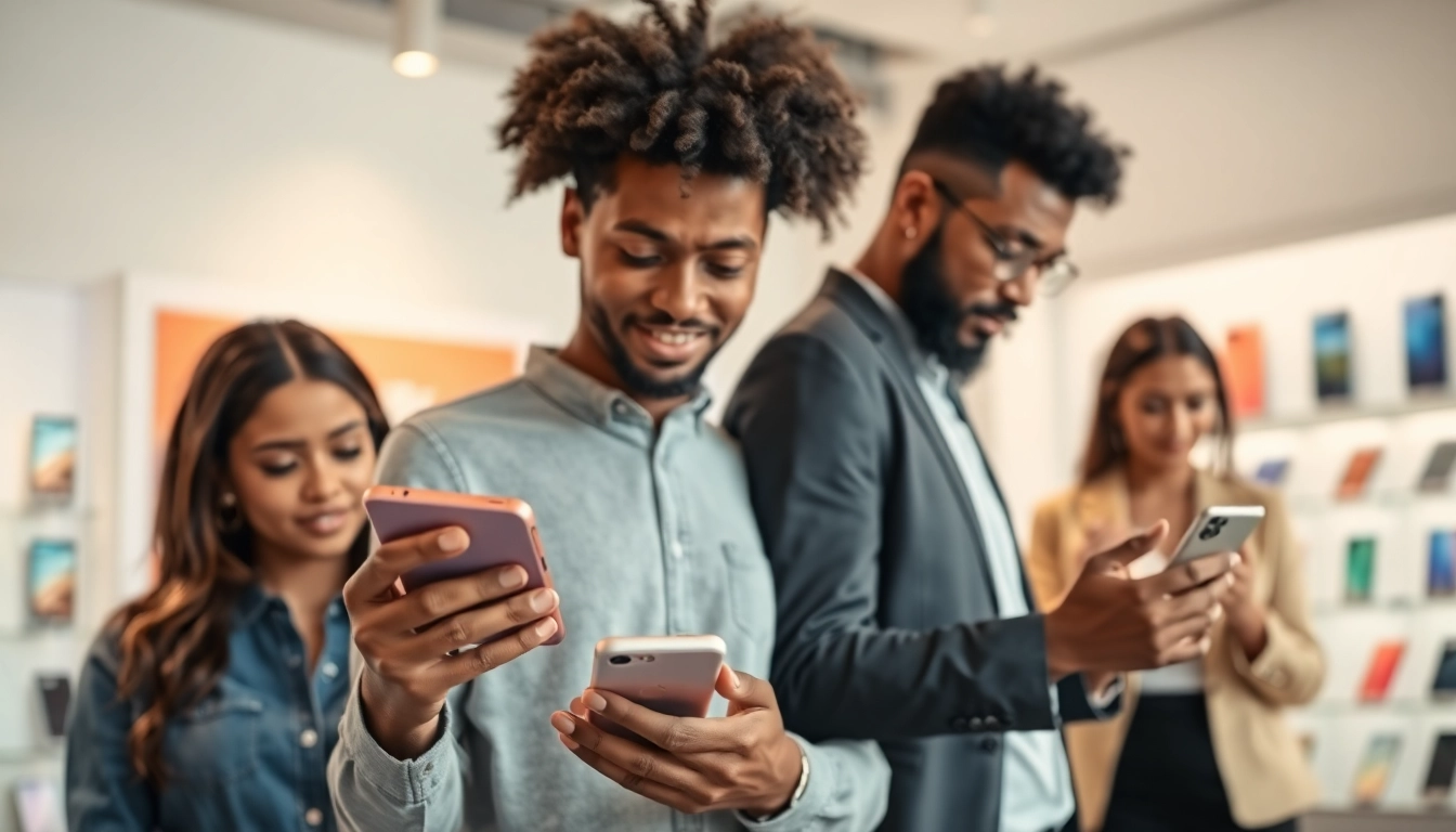 Sell phone cash North Little Rock AR: people discussing smartphones in a modern store.