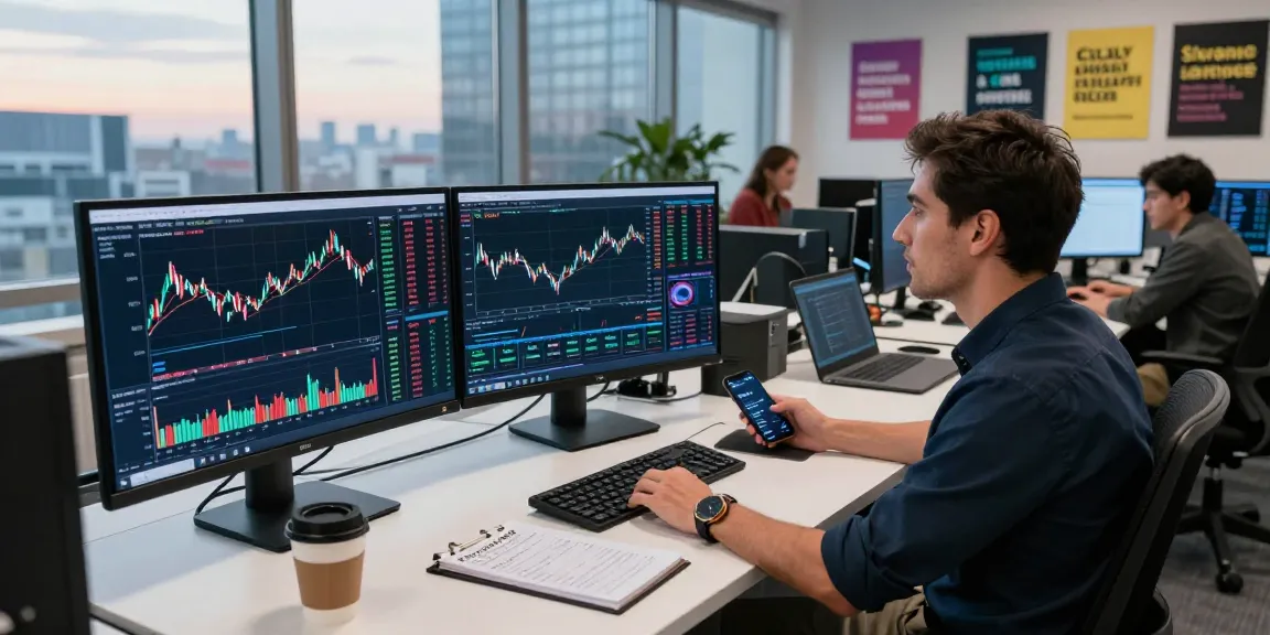 Trader analyzing NAGA2000 metrics in a modern financial office, vibrant trading atmosphere with multiple screens.