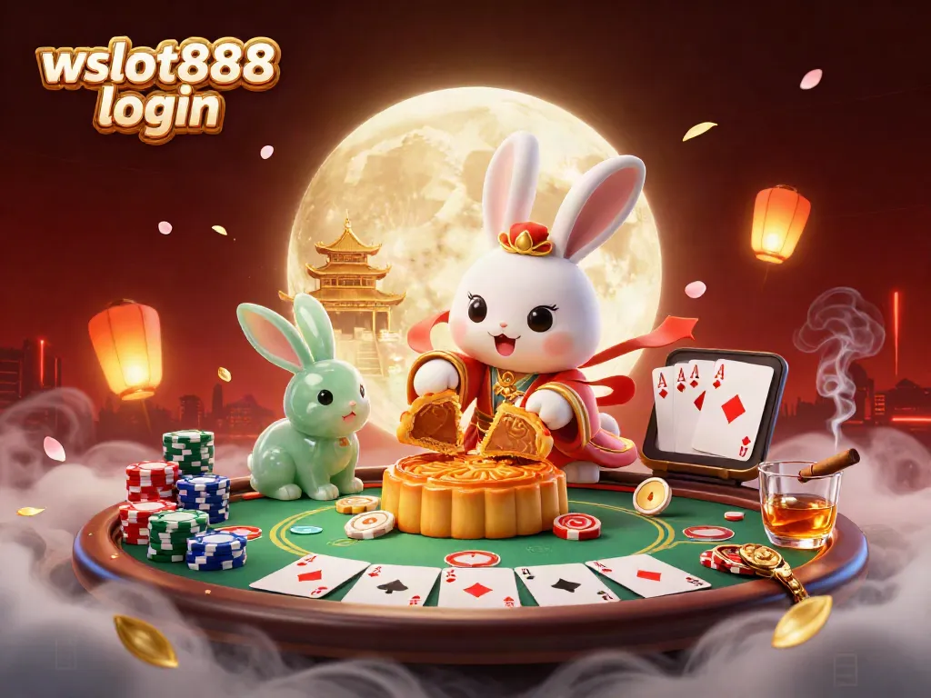 Gambarkan strategi wslot888 login dengan kelinci bulan dan poker dalam ilustrasi kasino yang ceria.
