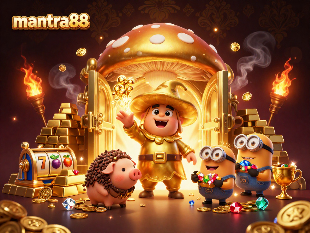 Experience the thrill of mantra88 as the golden mushroom wizard conjures treasure amidst spinning slots and sparkling gems.