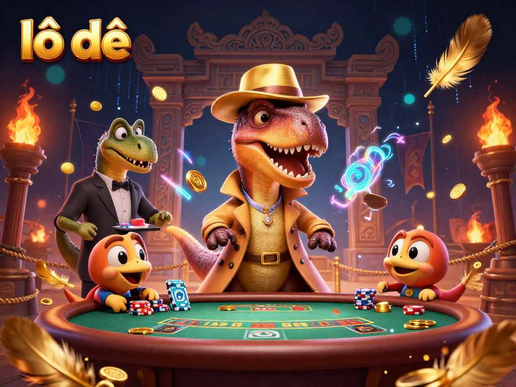 lô đề themed 3D cartoon dinosaur characters engaged in a thrilling casino scene with blackjack and vibrant game elements
