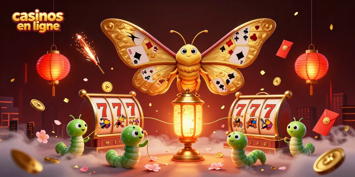 Plongez dans l'univers des casinos en ligne avec un papillon majestueux et des éléments de jeu captivants.