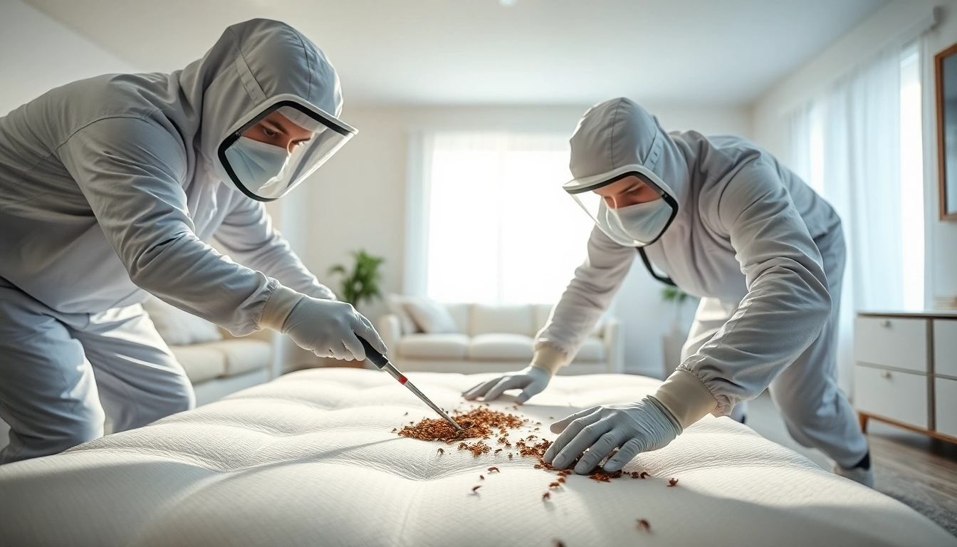Bed bug exterminators applying treatment to a mattress in a well-lit home, ensuring pest elimination.