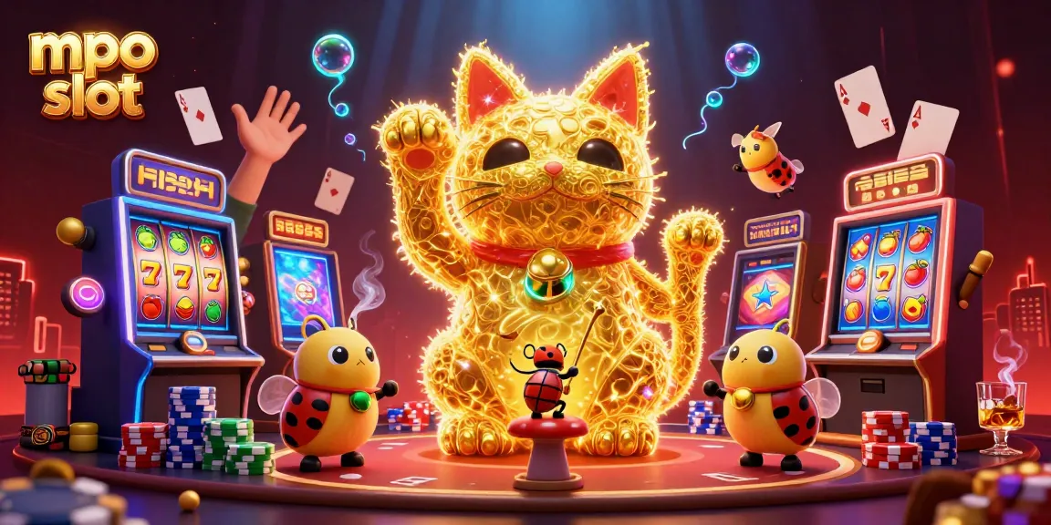 Experience mpo slot excitement with a giant lucky cat and vibrant casino elements