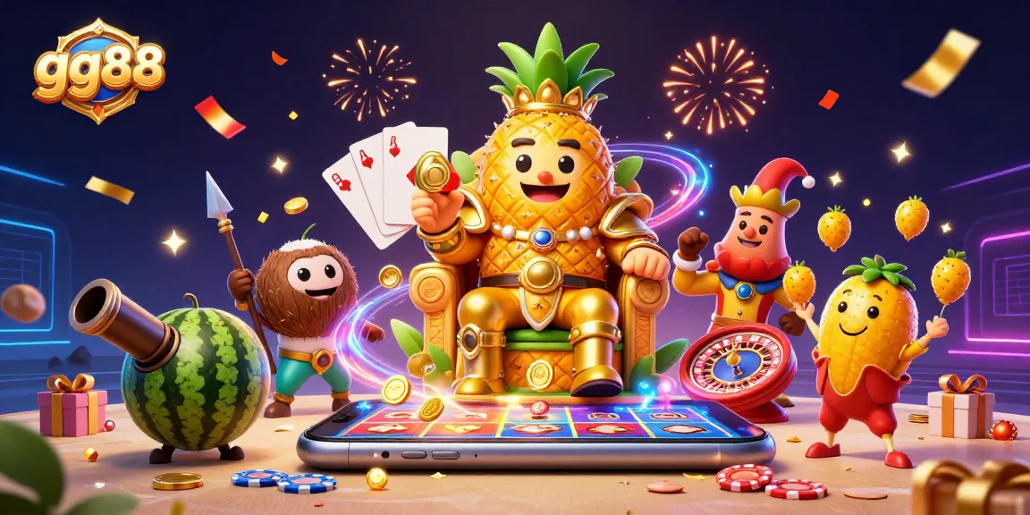 Spin and win with gg88's vibrant casino scene featuring the golden pineapple king and thrilling games.