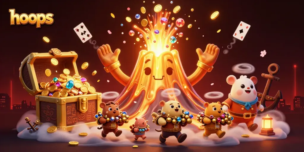 Experience thrilling moments with hoops as treasures erupt in a captivating casino scene.