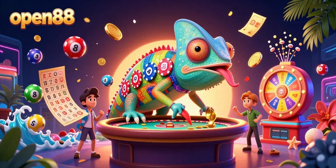 Experience winning moments at open88, with vibrant games and a playful chameleon casino owner.