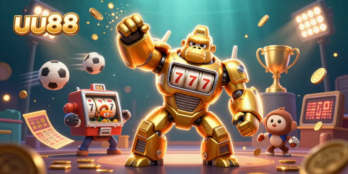 Experience excitement at uu88 with an ultra-detailed 3D scene featuring a golden gorilla mech and dynamic sports elements.