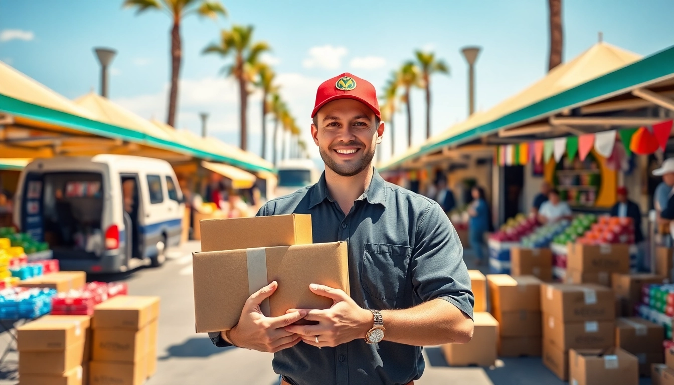 Delivering packages in Marketplace Pickup Scottsdale with vibrant market stalls in the background.