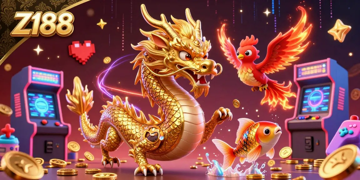 Experience Z188's vibrant gaming scene featuring a golden dragon, neon game elements, and dynamic coins.