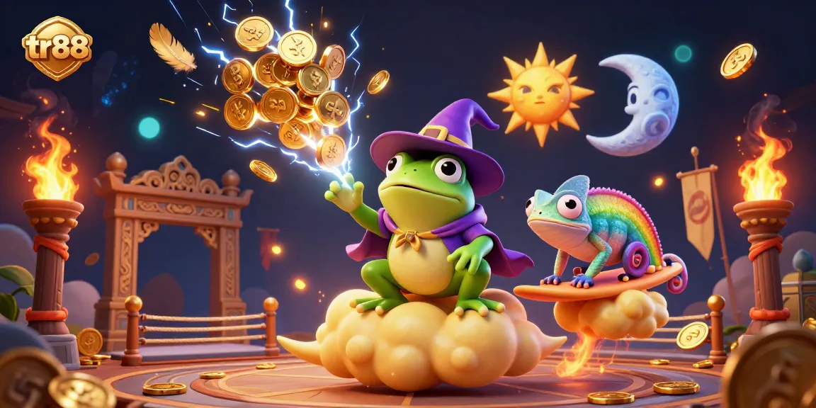Experience the excitement of tr88 with a dynamic scene featuring a weather wizard frog, surfing chameleon, and a storm of golden coins.