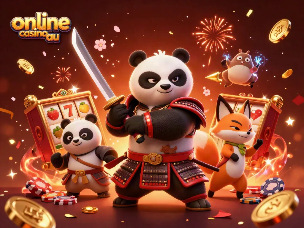 Engaging 3D illustration of characters promoting online casino au with festive gaming elements.