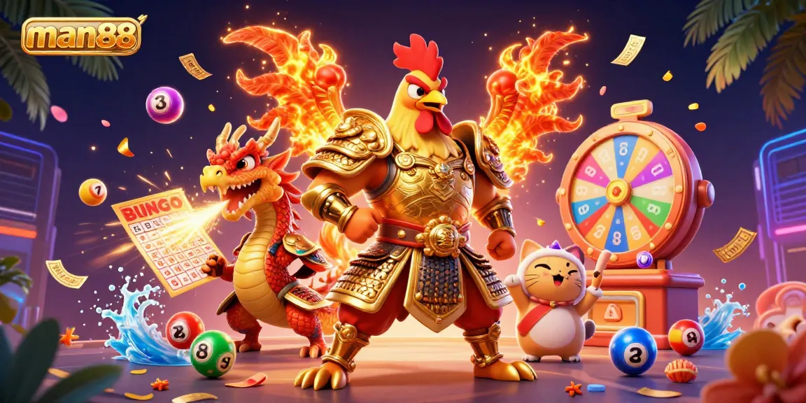 Engage in thrilling gameplay with man88's vibrant 3D illustration showcasing colorful lottery elements, a rooster warrior, and more.