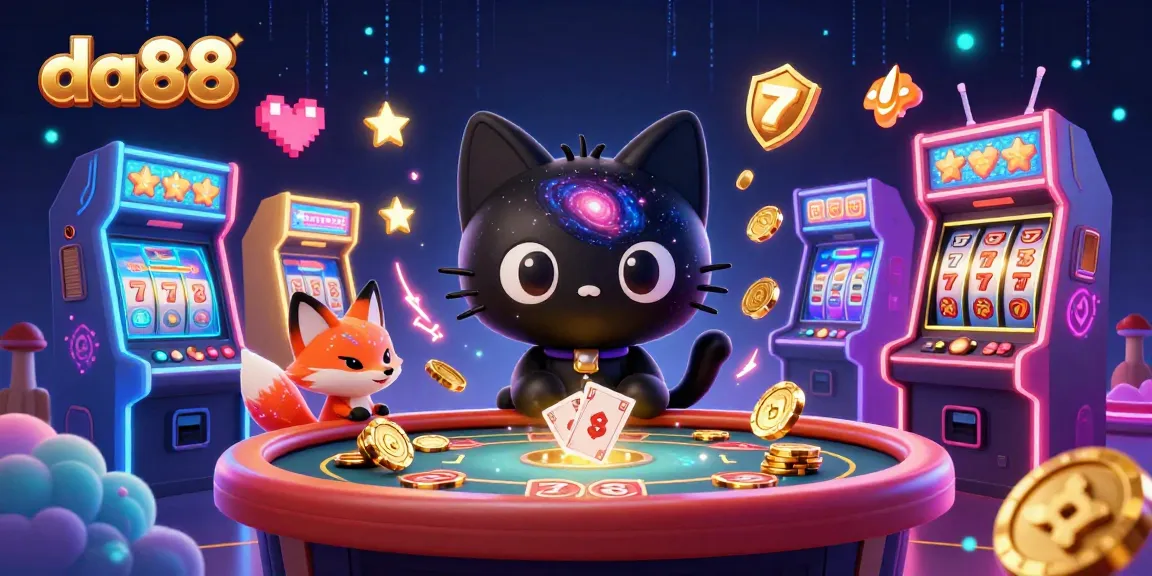Engage with da88's vibrant cosmic casino world featuring a black hole cat and colorful elements.