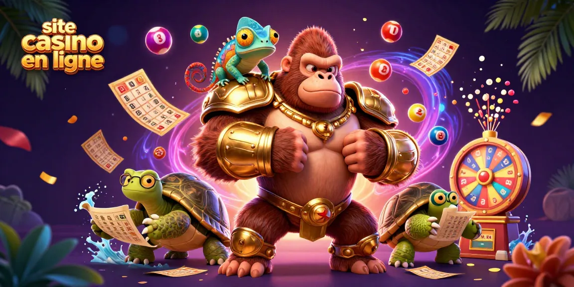 Interaction ludique sur un site de casino en ligne illustrant un gorille, un caméléon et une tortue dans une ambiance festive.