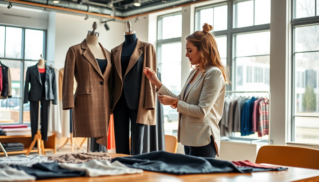 Stylist demonstrating how to find my Perfect outfit based on body types in an inviting boutique.