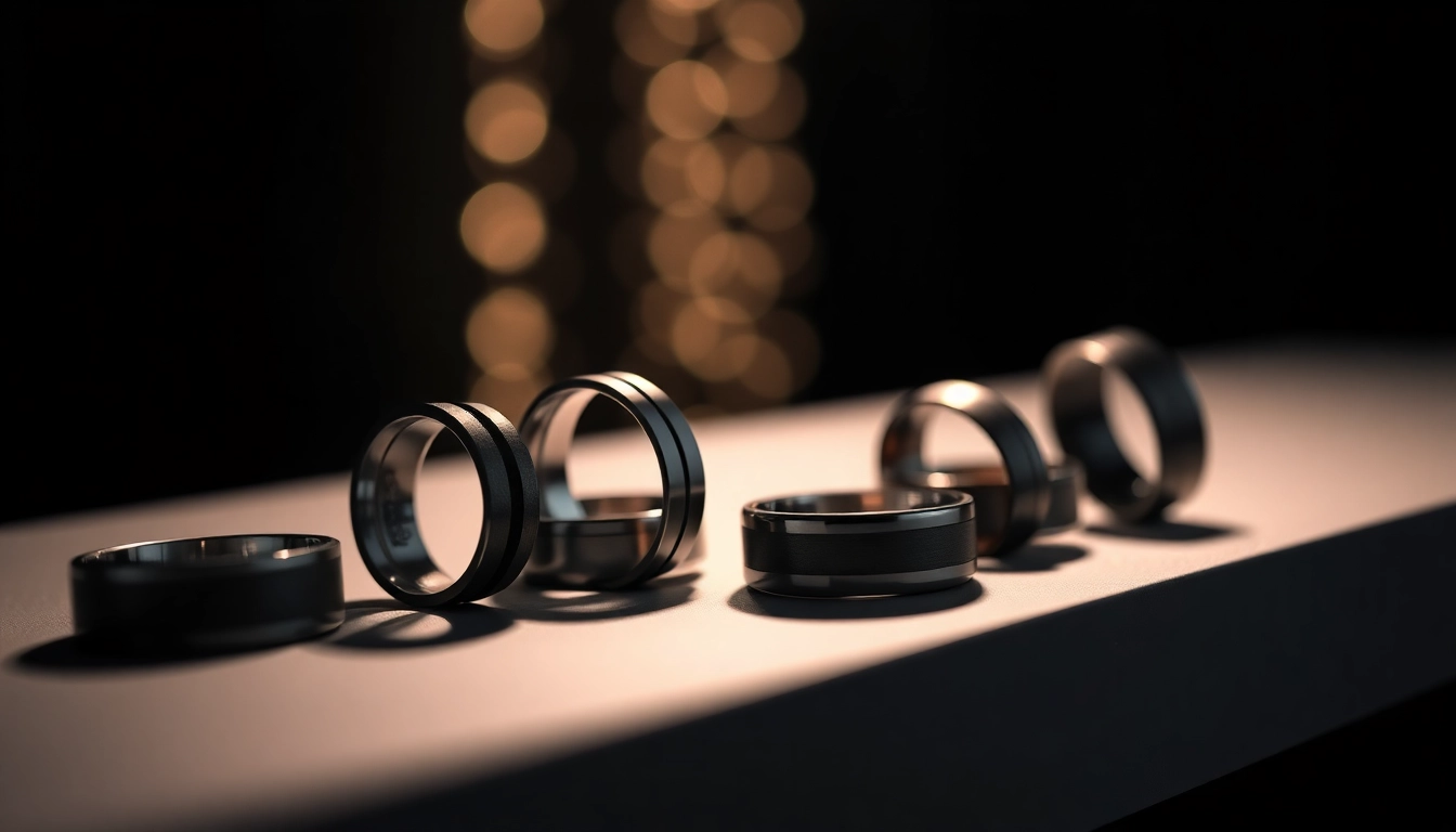 Showcase of dark mens wedding bands highlighting unique textures and luxurious designs.