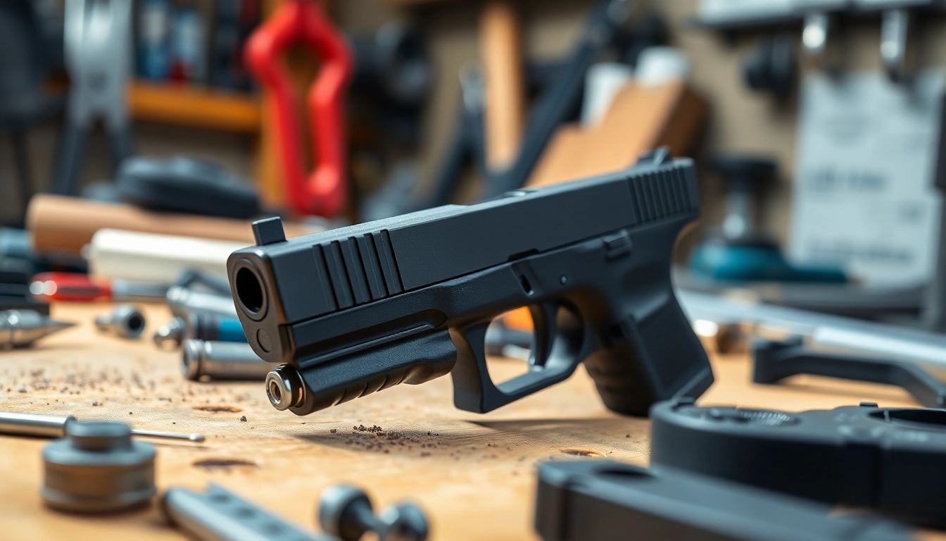Inspecting a glock 17 slide with precision tools on a workbench.