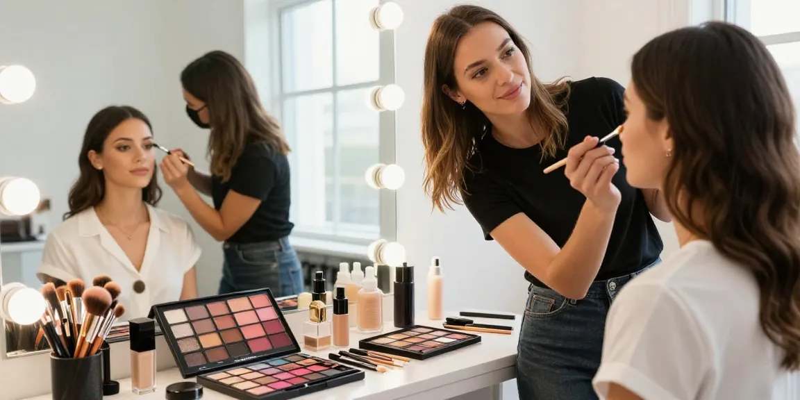 Trucco personalizzato in un ambiente luminoso con artista e cliente.