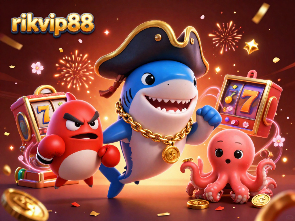 Win big at rikvip88 with the amusing pirate shark and friends in a lively casino scene filled with slot reels.