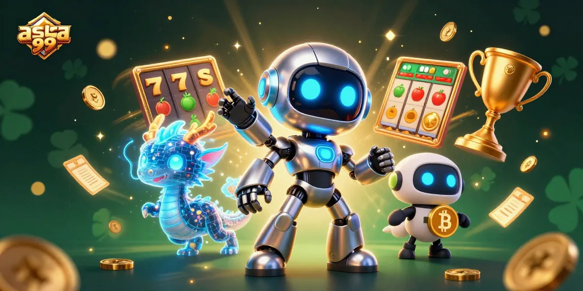 Engage with asia99's captivating slot experience featuring a cyberpunk robot, AI dragon, and dynamic game elements.