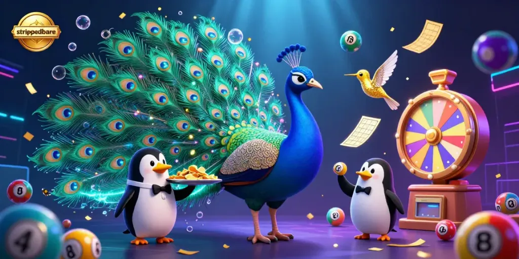 Visualisasi permainan kasino berwarna dengan "strippedbare" menampilkan merak dan penguin, menggugah semangat taruhan.