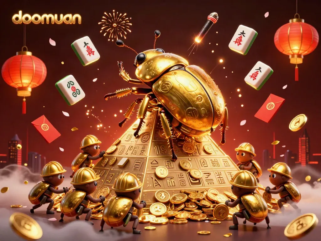 Engage with doomuan's thrilling 3D casino scene featuring dynamic golden beetles and exciting casino elements.