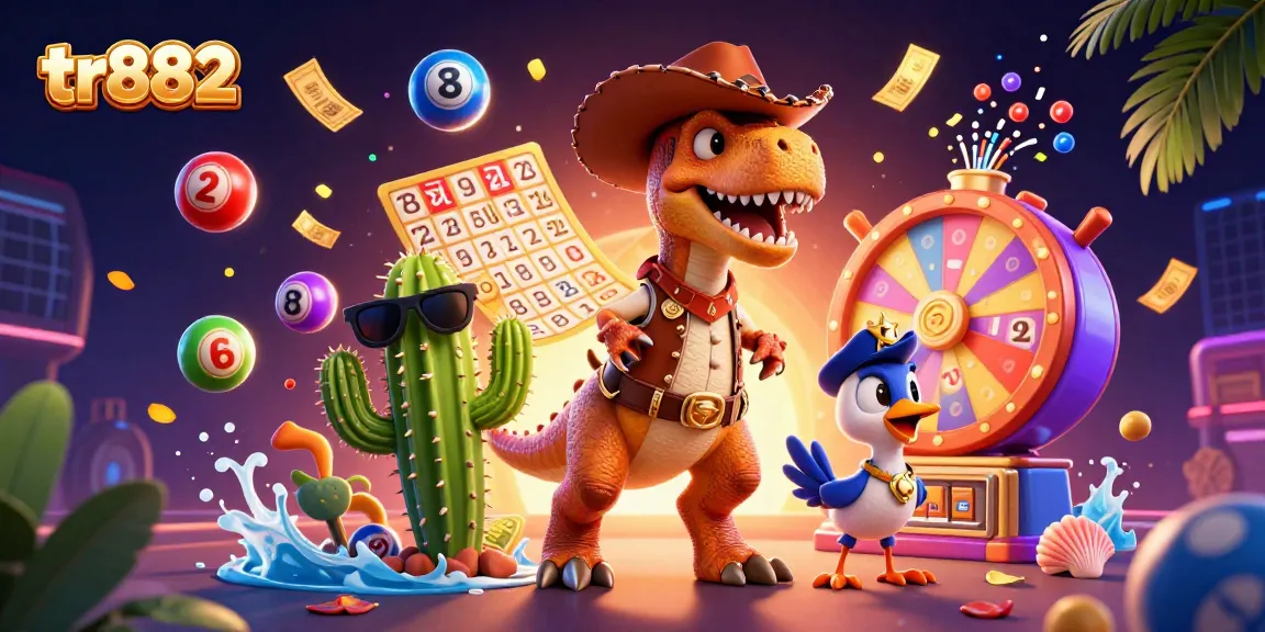 Experience the excitement of tr882 with a dynamic casino illustration featuring a cowboy dinosaur and vibrant game elements.