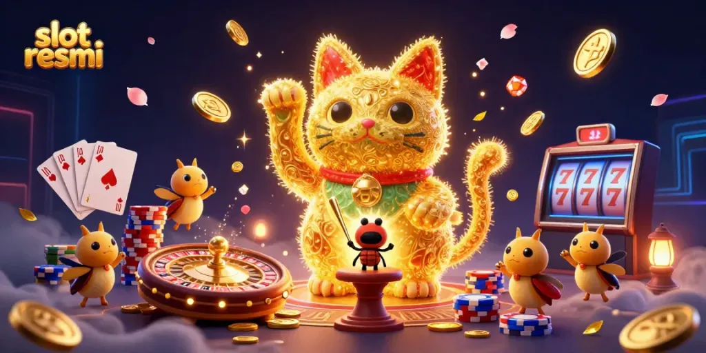 Gambaran menarik slot resmi dengan kucing keberuntungan yang diatur oleh kumbang, dikelilingi koin emas dan permata.