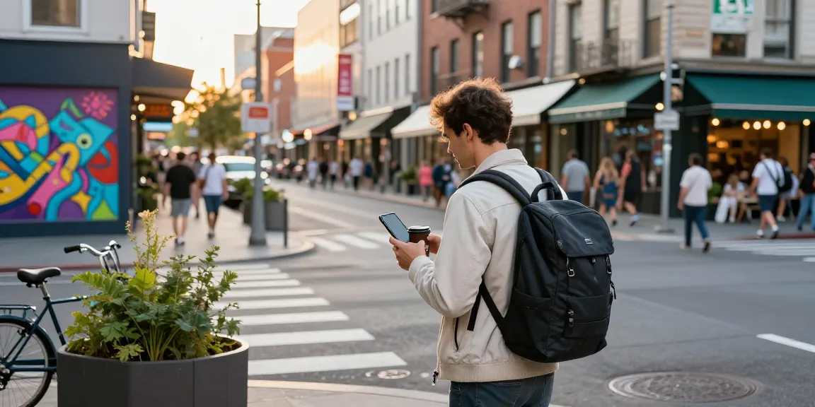 Traveler exploring urban street scene with vibrant shops near https://jago108.com/ while sipping coffee.