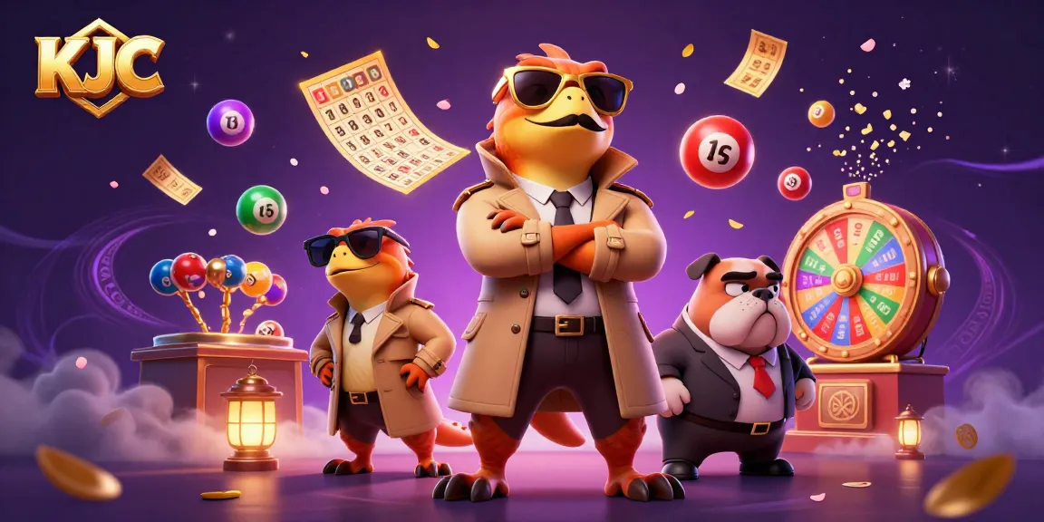 KJC welcomes players with a 3D raptor trio and a bouncer in a vibrant casino scene.