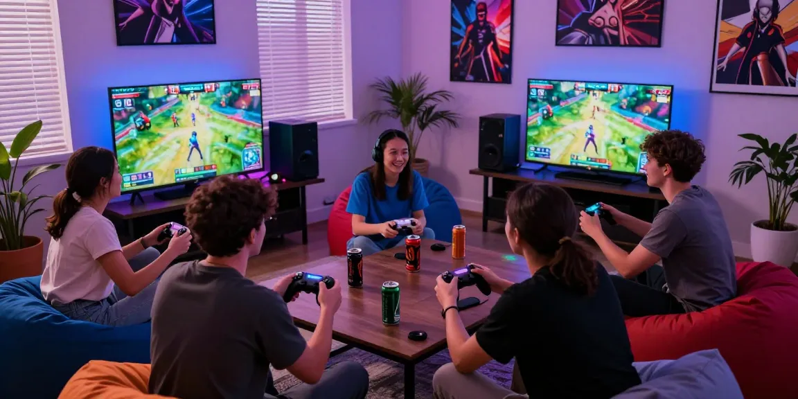 Jacktoto gaming group enjoying a lively multiplayer session in a modern living room with vibrant LED lighting.