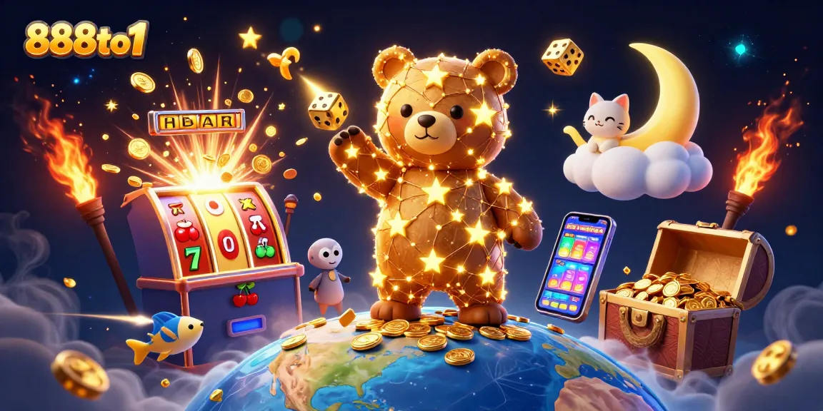 Experience jackpot excitement with 888to1's vibrant casino scene featuring golden stars and slot machines.