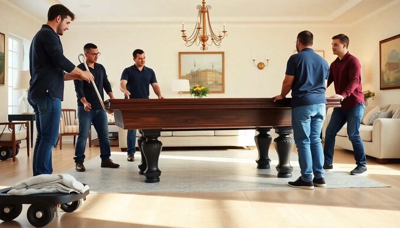 Pool table movers dallas team expertly moving a slate pool table in a beautifully decorated room.