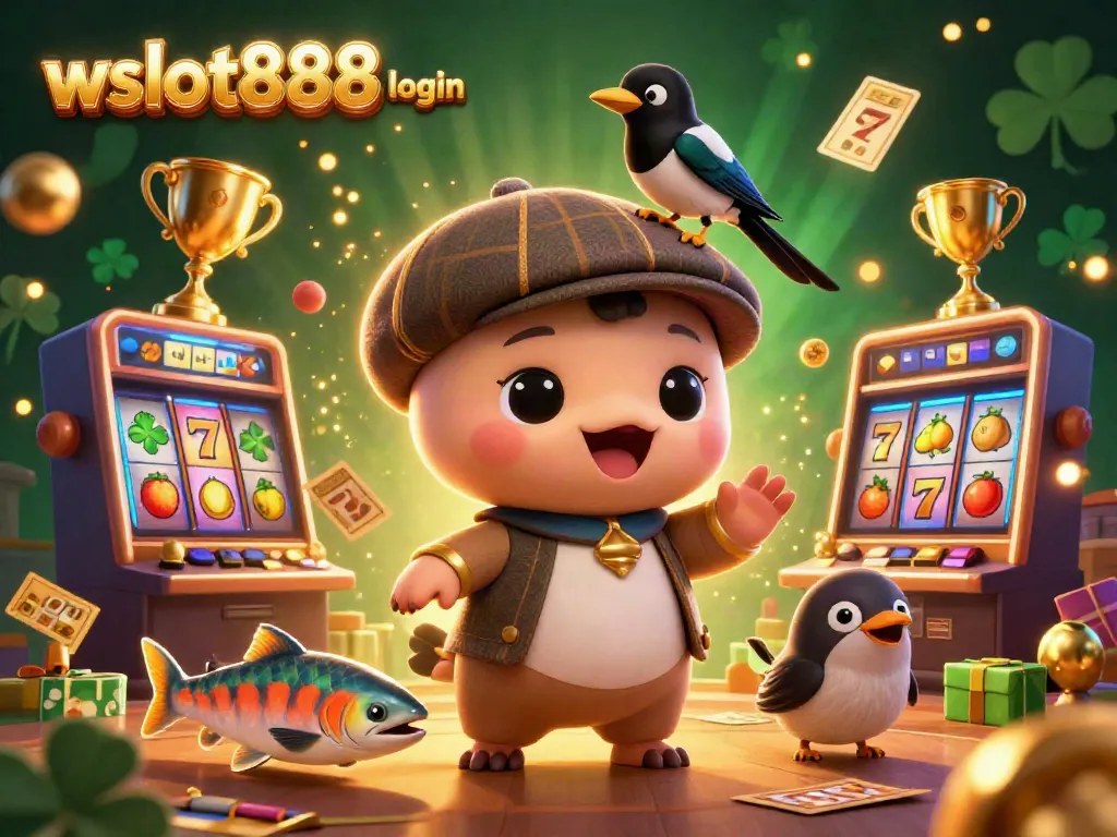Ilustrasi 3D menarik tentang wslot888 login dengan karakter lucu dan elemen permainan slot.