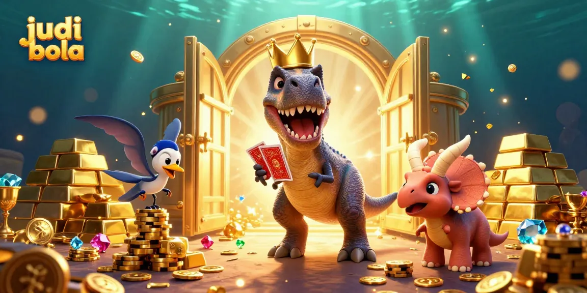 Menangkan judi bola dengan T-Rex mengocok kartu dan Triceratops menyusun chip emas.