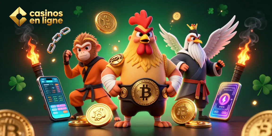 Visitez les casinos en ligne avec notre illustration 3D colorée de personnages de combat et de symboles de crypto-monnaies.